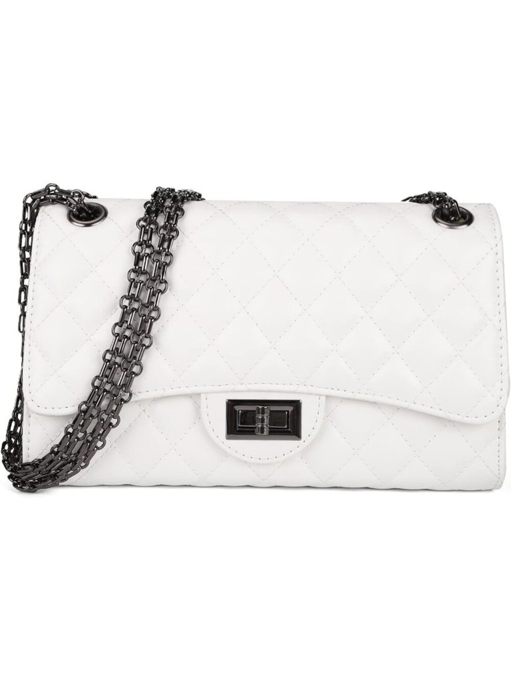 Women's White Quilted Crossbody Structured Purse Shoulder Bag Chain Strap